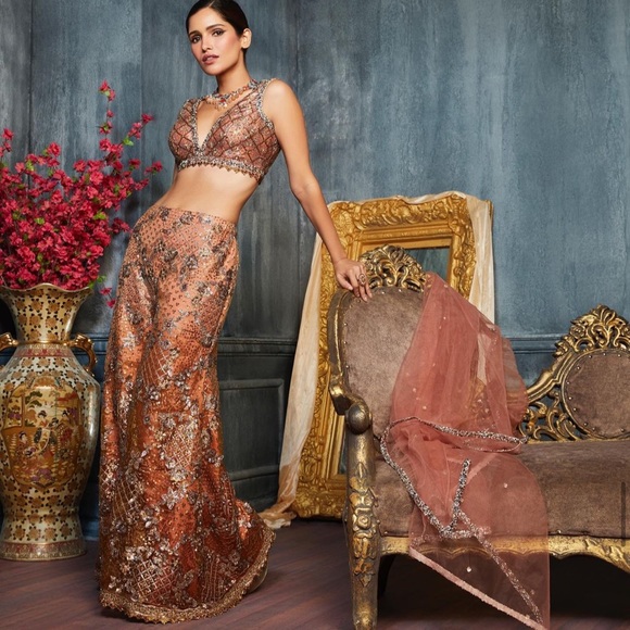 Lashkaraa Dark Peach Sequins Embroidered Crop Set - Picture 2 of 7